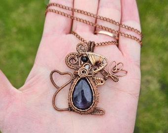 Wire Wrapped Copper Sodalite Mouse Pendant Necklace