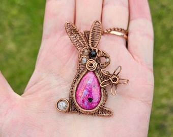 Wire Wrapped Copper Pink Rainbow Moonstone Rabbit Pendant Necklace