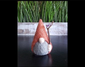 Handmade, OOAK, Needle Felted Gnome With Copper Wrapped Wooden Gemstone Staff. Genuine Amethyst Crystals. Gnome Decor
