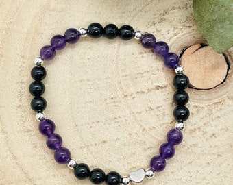 Perlenarmband aus Naturstein Amethyst und schwarzem Turmalin, schlichtes zartes Armband, Freundschaftsarmband, Geschenk