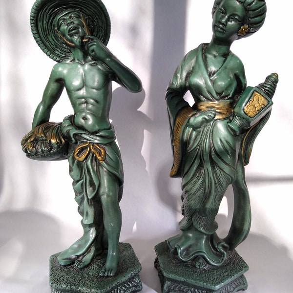 1962 Vintage Universal Statuary Jade-Toned with Gold Accents Asian Man in Rice Patty Hat & Woman in Long Flowing Robe Statues - 17"