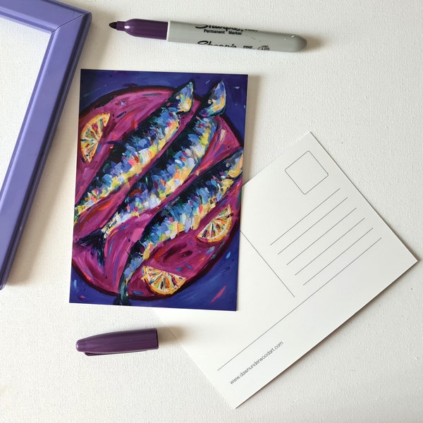 Postal con pintura de sardinas