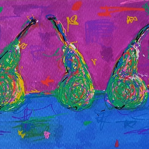 Drei Birnen | Lebensmittel-Kunst | Original Postkarte Wandkunst | Papierzeichnung | Wohnkultur | Geschenk | Wand-Dekor