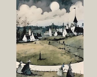 Whimsical Village Landscape Art Print, Storybook Town Illustration, Vintage Inspired Countryside Wall Art, Fairy Tale Decor