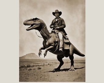Cowboy dinosaurus print, dinosaurus cowboy kunst aan de muur, western Jurassic Home decor cadeau, oude foto van cowboy rijden op een dinosaurus