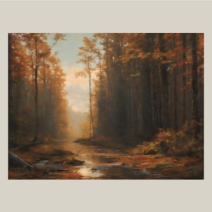 May include: An oil painting of a forest scene with a stream. The artwork features tall trees with orange and brown leaves, reflecting the autumn season. The stream flows through the centre, reflecting the sky and sunlight.