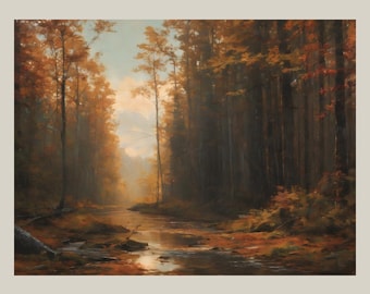 Paisaje tranquilo de bosque otoñal, lámina decorativa de naturaleza apacible para pared.