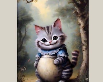 Cute Kitten Fantasy Art Print, Whimsical Cat Illustration, Nursery Wall Art, Storybook Animal Decor, Soft Pastel Artwork
