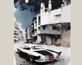 Vintage Sports Car City Art Print, Retro Urban Illustration, Classic Car Wall Art