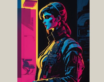 Cyberpunk Woman Print, Neon Sci-Fi Portrait, Futuristic Wall Art