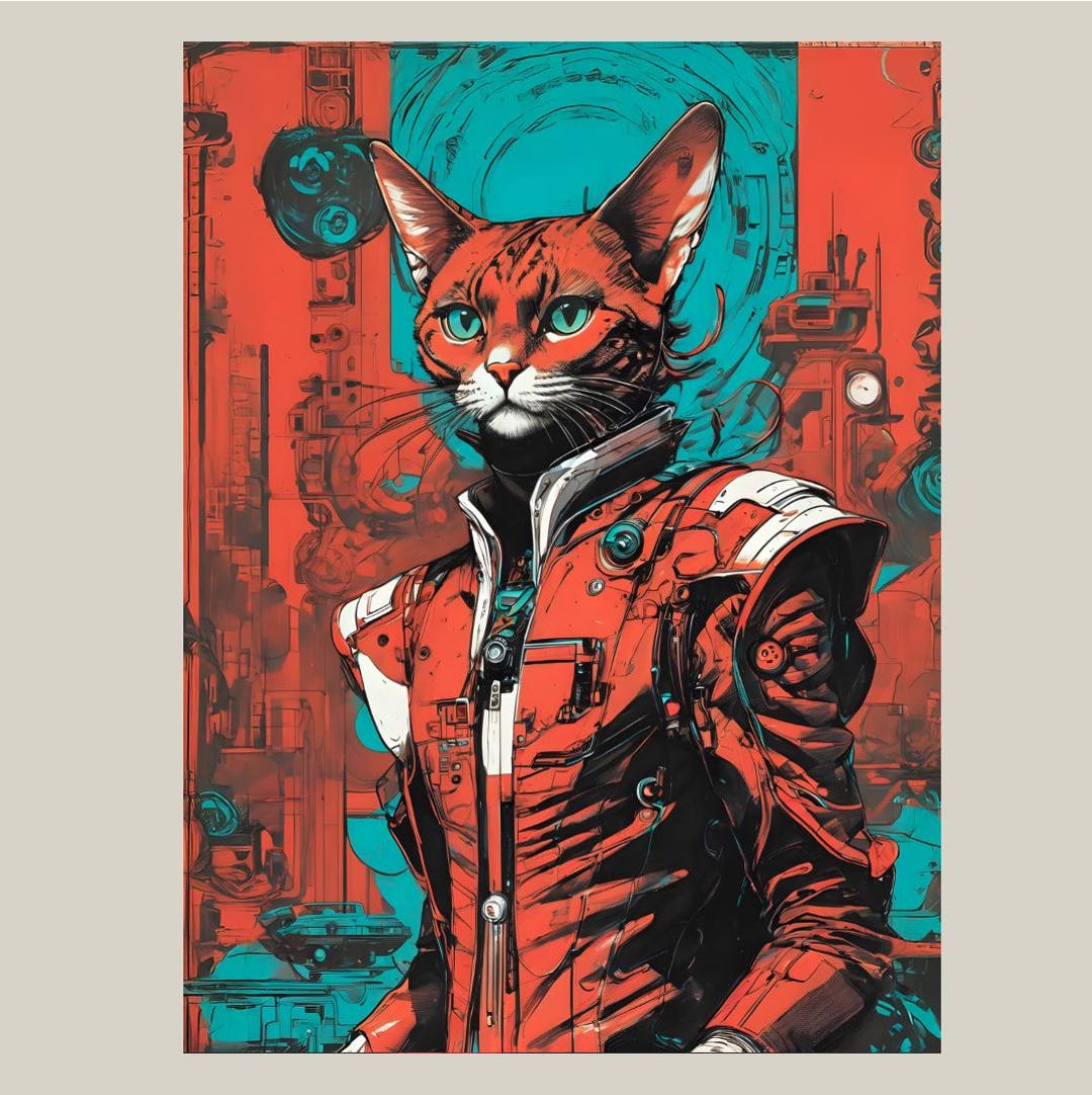 Sci-fi Cat Art Print, Cyberpunk Feline Illustration, Futuristic Cat ...