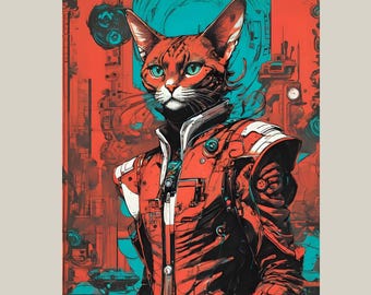 Sci-Fi Cat Art Print, Cyberpunk Feline Illustration, Futuristic Cat Wall Art, Tech Noir Animal Poster