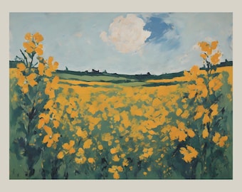 Yellow Flower Field Art Print, Countryside Landscape Painting, Impressionist Floral Wall Decor, Golden Meadow Artwork