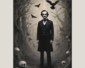 Edgar Allan Poe-affisch, gotisk litteraturkonsttryck, makaber dekorgåva, gotisk väggkonst, mörk akademisk dekor, gotisk poetkonst