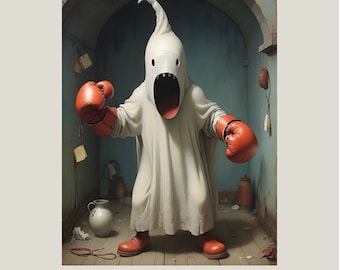 Op de afbeelding: Een witte geest met bokshandschoenen staat in een kamer met een blauwe muur. De geest heeft een grote mond en draagt een witte robe. De geest staat op een houten vloer.