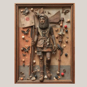 Puede incluir: Una escultura de madera de una figura con barba y tocado, de pie en un marco con una variedad de objetos, incluyendo mariposas, pájaros y otros objetos pequeños.