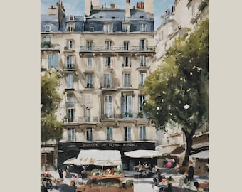 Parisian Cafe Street Scene Art Print, Vintage Style Paris Wall Decor