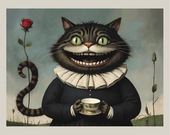 Cheshire Cat Tea Party Art Print, grillige surrealistische kat kunst aan de muur, Alice in Wonderland geïnspireerde illustratie, decor fantasie kinderkamer
