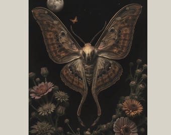 Mystical Luna Moth Wall Art Print, Gothic Nature Poster with Moon & Wildflowers
