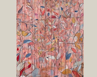 Arte mural botánico abstracto, póster moderno de hojas en tonos rosas, naranjas y azules.