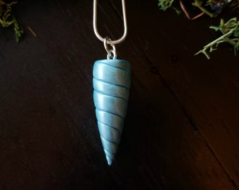 Blue Unicorn Horn Necklace. Fantasy aqua blue unicorn horn jewelry.