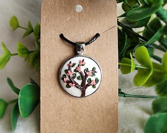 Polymer Clay Pink Blossoming Tree Pendant. Handmade Cottagecore Necklace. Floral Art Jewelry.