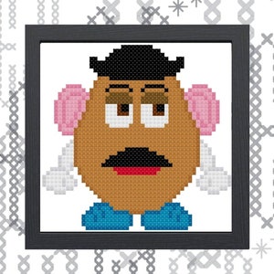 May include: A cross-stitch pattern of Mr. Potato Head from the Toy Story films. The pattern features a brown potato with a black hat, pink ears, a black moustache, and blue shoes.