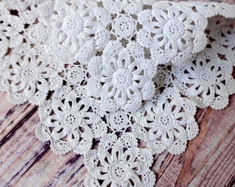 Vintage crochet lace doily - original hand made small rustic table mat - large cotton fruit bowl coaster - shabby chic primitive antique