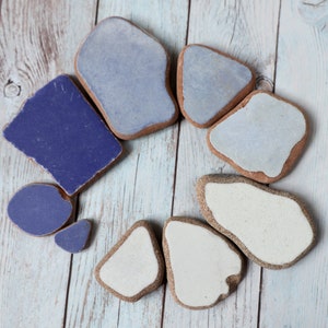 May include: A collection of eight ceramic tiles in various shades of blue and white. The tiles are arranged in a circle on a light wood background.