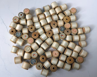 Set of 90 vintage white spools collection thread - wooden spools with soviet cotton thread autumn leaves former white colors