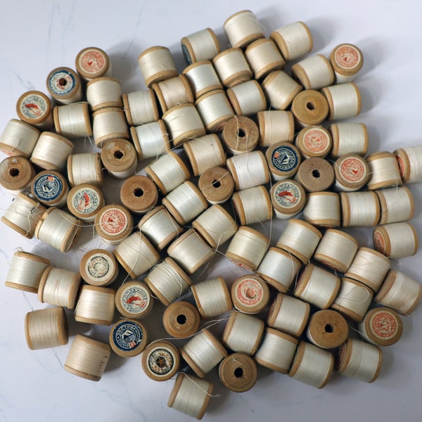 Set of 90 vintage white spools collection thread - wooden spools with soviet cotton thread autumn leaves former white colors