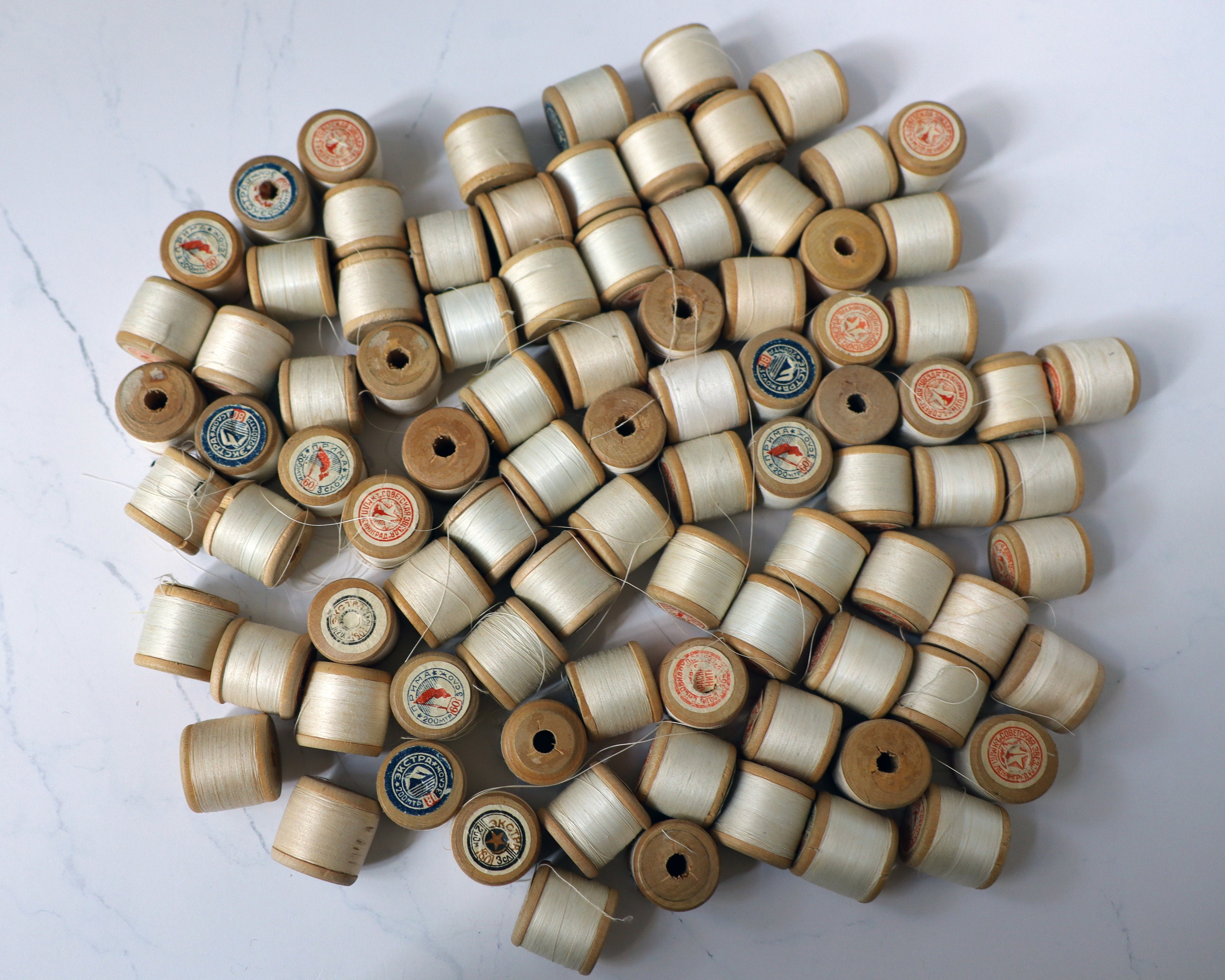 Set of 90 Vintage White Spools Collection Thread Wooden Spools