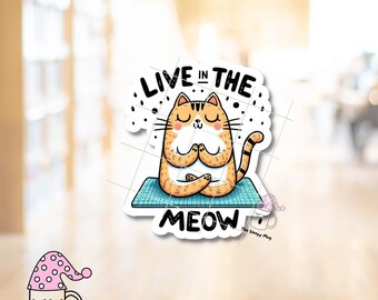 May include: A sticker featuring a cartoon cat meditating on a yoga mat with the text "Live in the Meow".