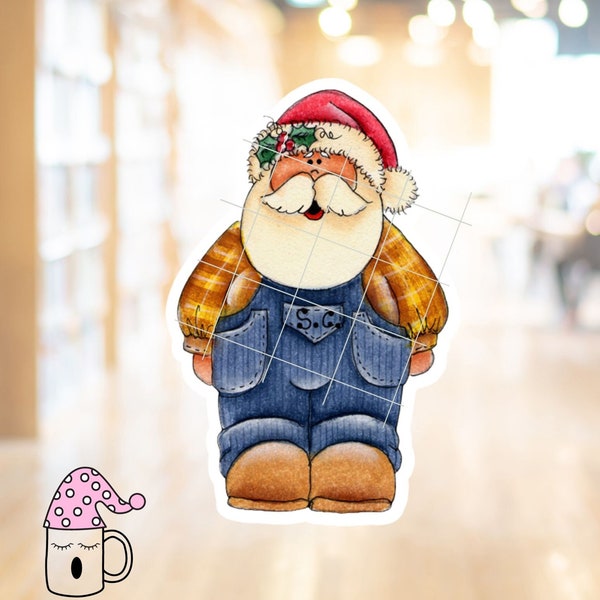 Santa with Blue Denim Overalls Yellow Plaid Shirt and Hat Sticker Funny Family Christmas Fun Gift Coveralls Boots Waterproof Adhesive Vinyl