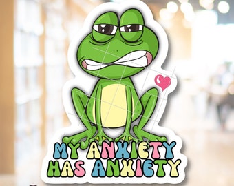 My Anxiety Has Anxiety Frog Sticker Heart Groovy Motivational Nervous Introvert Mental Health Worker Gift Mug Tumbler Waterproof Adhesive