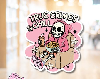 True Crimes & Chill STICKER Bookish Book TV Show Murder Audio Book Worm Skeleton Solve Suspect Thriller Mystery Horror Suspense Pink Hoodie