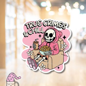 True Crimes & Chill STICKER Bookish Book TV Show Murder Audio Book Worm Skeleton Solve Suspect Thriller Mystery Horror Suspense Pink Hoodie image 3