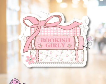 Bookish Girly STICKER Pink Bow Silver Pearls Coquette Girlie Soft Era Bookish Girl Book Lover Pearls Pink Bows Waterproof Adhesive Vinyl