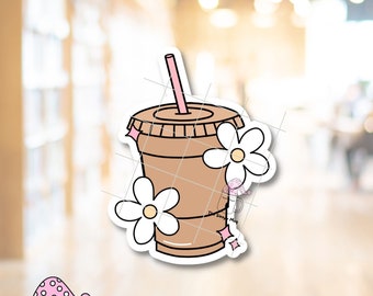 Iced Coffee Sticker: Girly Latte with Daisies - Waterproof