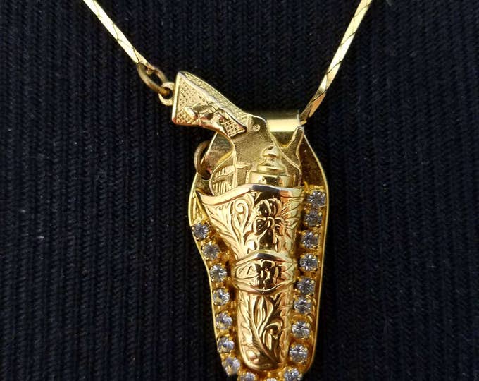 Vintage 2 Piece Gun in Holster Necklace With Rhinestones Rare Etsy
