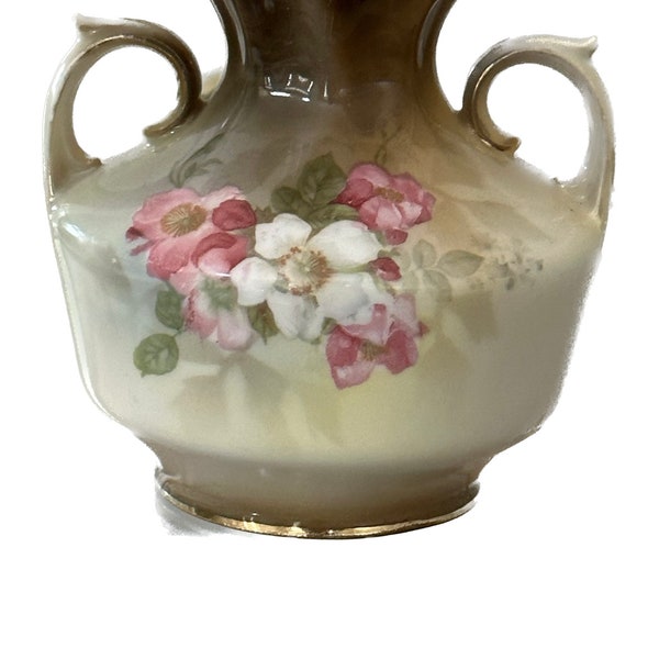 Vintage vase floral with 2 handles and  gold trim