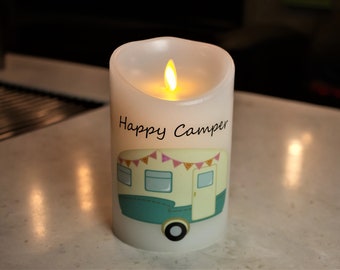 RV Decor - Flameless Candle - RV Gifts - LED Candle - Camper Gifts - Happy Camper - Camper Decor - Travel Trailer Decor - Timer - Blue