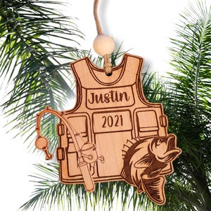Pêche, pêcheur, gilet de pêche, ornement, Noël, enseigne, SVG, fichier laser, Glowforge