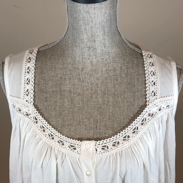White Pima Cotton Sleeveless Nightgown, Hand-Crochet Neckline Detail