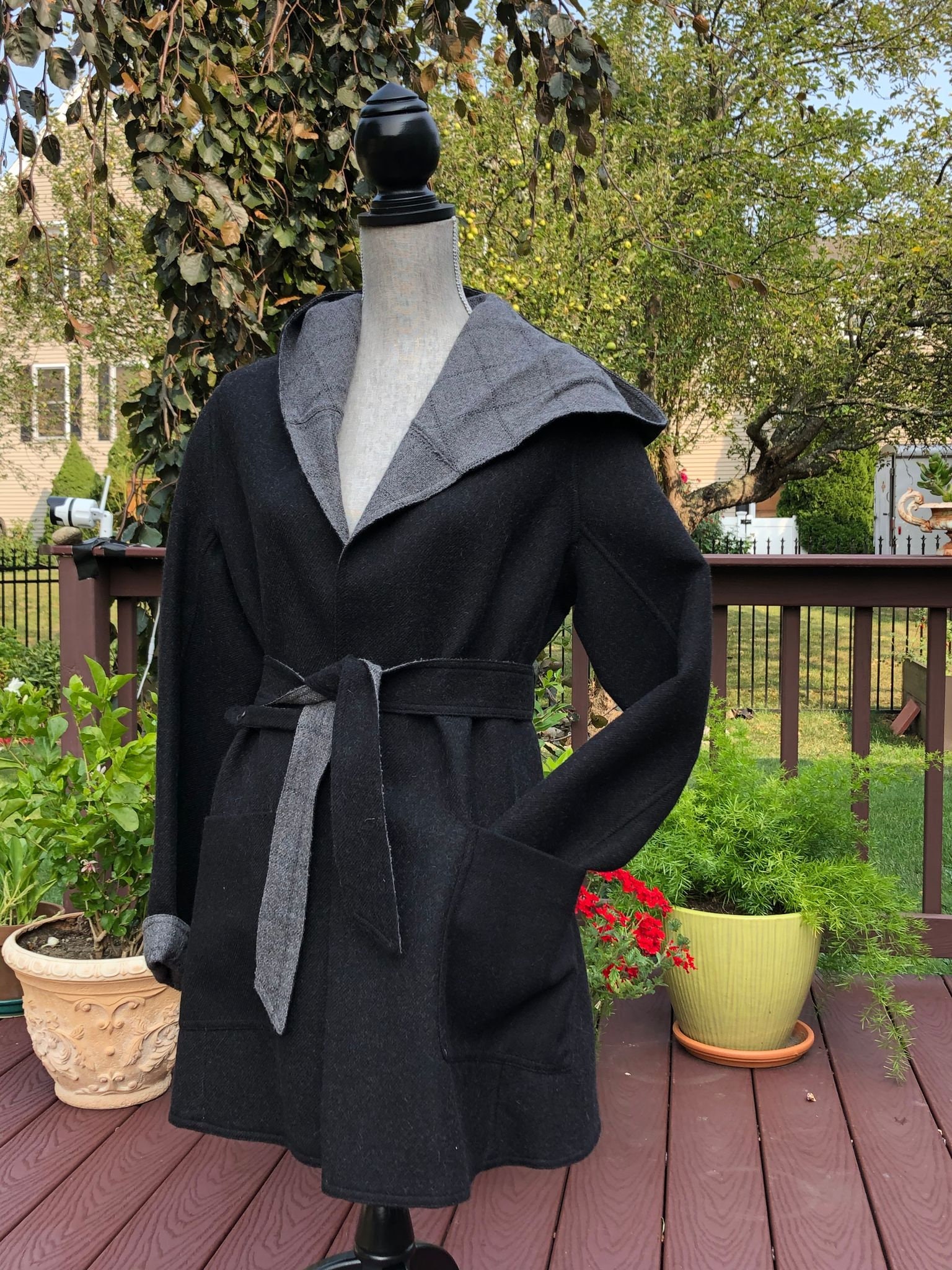 Reversible Long Black Gray Alpaca Wool Blend Coat