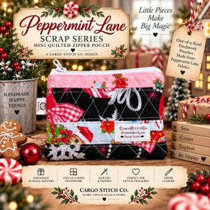 May include: A rectangular quilted zipper pouch featuring a black fabric base with a festive holiday print of gingerbread figures, red and white checkered patterns, and snowflakes. The pouch has a white zipper and a small white brand label.