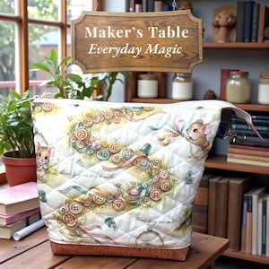 May include: A quilted fabric tote bag with a cork base. The bag features a whimsical design of buttons, ribbons, and a mouse. The text "Maker's Table Everyday Magic" is displayed on a wooden sign above the bag.