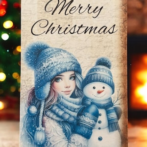 Blue Christmas Gift Card Holder | Tea Gift | Junk Journal | Folio | Girl and Snowman |  | Secret Santa Gift | Personal Gift Card Holder
