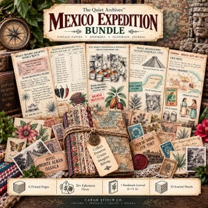 May include: A Mexico Expedition bundle featuring vintage papers, ephemera, and a handmade journal. The set includes printed pages, over 50 ephemera pieces, and a 6 by 9 inch journal with a map cover, lace trim, and a tag reading Collect Preserve Create Imagine Belong.