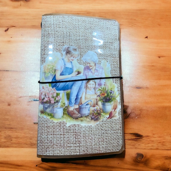 Mother's Day Traveler’s Notebook Cover, Laminated Book Cover, Junk Journal, Grandmother Gardening, Togetherness & Family, Gift for Her
